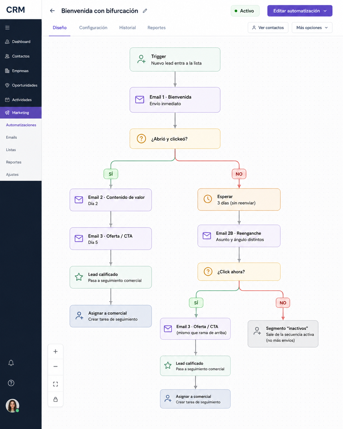 Ejemplo de automatización de bienvenida con bifurcación en CRM